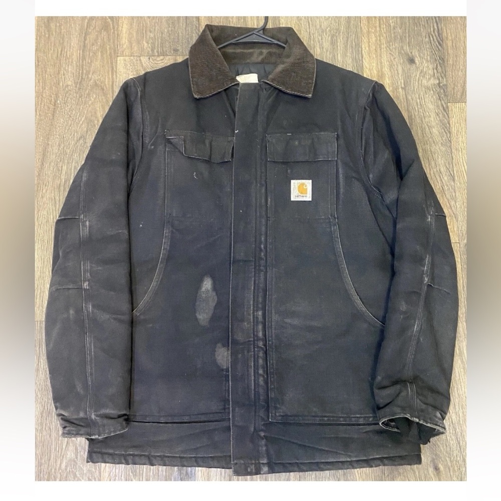 Mens Carhartt Detroit Black Workwear Jacket Vintage Brown Corduroy Collar Sz XL